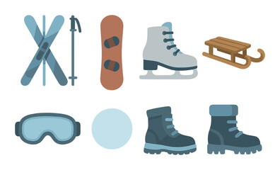 Winter sports equipment: skis, snowboards, skates, sled, goggles, and boots