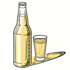 Stylized illustration of a cold bottle of beer next to a glass filled with frothy beer