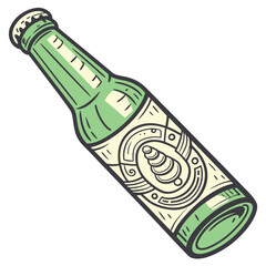 Stylized illustration of a green glass bottle with a decorative label and metallic cap