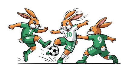 Rabbit Soccer Showdown: A dynamic illustration showcasing a spirited soccer match, starring agile rabbit players in green and white uniforms.