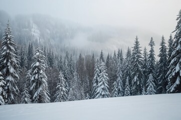 Snowy Woodland Scene Amidst Mountains