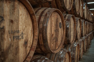 Close-up of wooden wine casks in storage