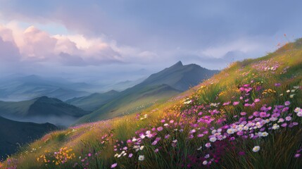 Fototapeta premium Meadow of wildflowers covers a hillside with distant mountains under a cloudy sky