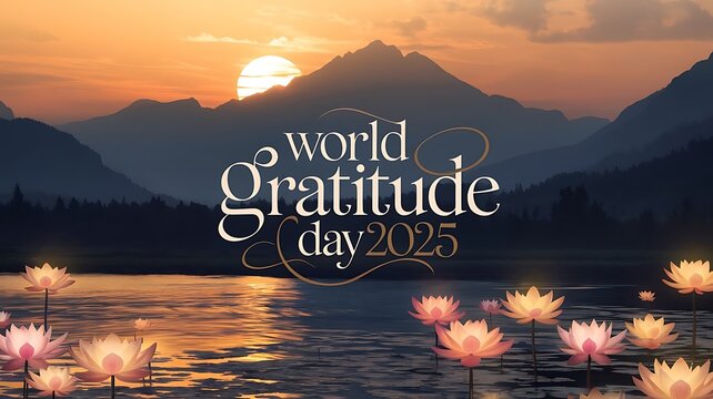 World gratitude day celebration with lotus flowers in a serene lake at sunset against mountain backdrop - Powered by Adobe