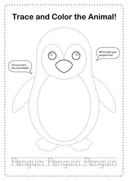 Preschool worksheet tracing penguin coloring page