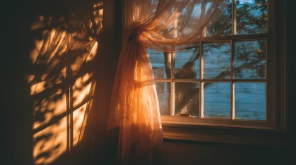 Warm sunlight through window curtains