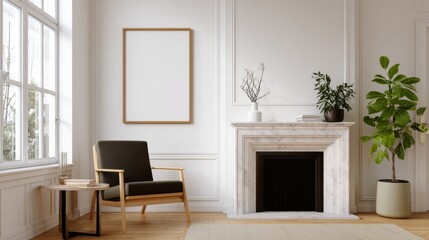 Fototapeta premium Interior with modern armchair blank picture frame on the wall and marble fireplace in a bright
