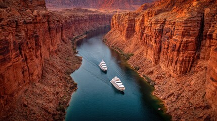 White boats in canyon river gorge