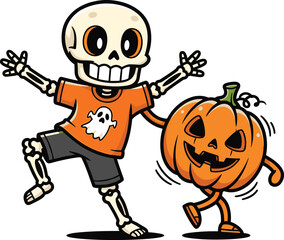 Skeleton and walking pumpkin cartoon characters, Halloween festive costume illustration, playful spooky design, cad drawing flat vector illustration
