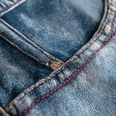 Macro shot of blue denim jeans pocket with red stitching detail showing texture and design for fashion industry