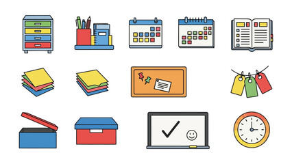 Office Stationery Collection: A neat compilation of essential office stationery in a vibrant, flat design, perfect for illustrating everyday workplace tools.