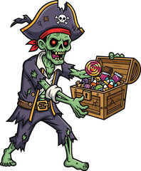 Zombie pirate cartoon character with candy treasure chest, Halloween spooky festive illustration, playful costume design, cad drawing flat vector illustration