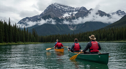Close-up of four people canoeing on a lake with snowy mountain backdrop
