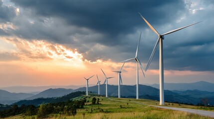 Wind turbines sunset landscape