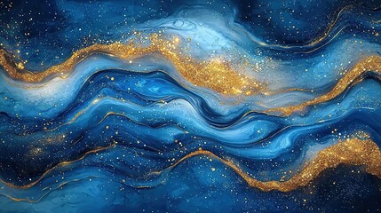 Abstract Blue Gold Marble Luxurious Background, Liquid Art Golden Glitter Water Texture High-Quality Wallpaper Design Material
