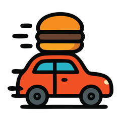 Orange car rushing while delivering a large burger suitable for fast food delivery, restaurant promotion, car delivery service, or traffic concept design projects.