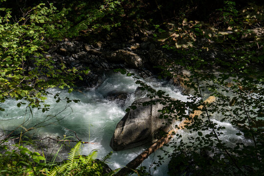 mountain river Samina in the forest in a riverbed with rocks and trees on both sides towrds blue sky in Saminatal in Vorarlberg Austria