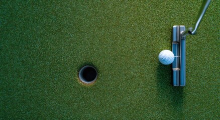 Golf ball on putting green, putter poised over hole