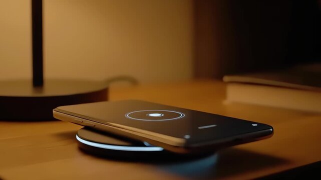 A smartphone is placed on a wireless charging pad beside a lamp in a warmly lit bedroom. The soft glow from the lamp creates a serene atmosphere during the night.