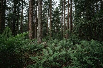 A peaceful scene showcasing dense greenery with ferns and towering trees, symbolizing calmness and the beauty of the natural world.
