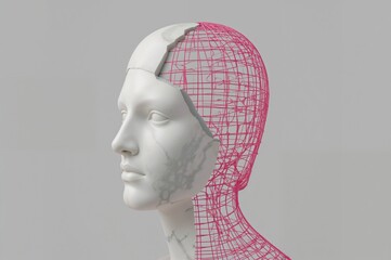 3D rendered abstract art featuring a shattered white marble classical male bust combined with a pink wireframe mesh on a gray backdrop