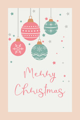 Naklejka premium Pink green ornaments suspended from ribbons Seasonal motifs Falling stars Holiday season Pastel background Merry Christmas text. Vertical greeting card.