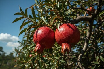 Mature natural pomegranate hanging from branches prepared for picking