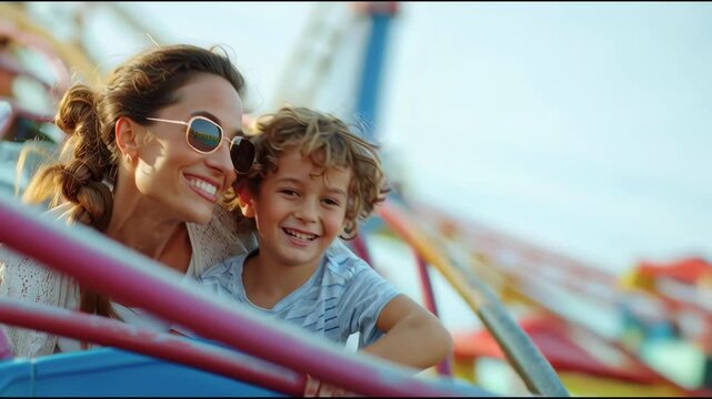 Mother and son enjoying rollercoaster ride at amusement park