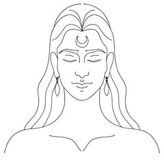 Elegant Woman with Flowing Hair a Crescent Moon and Dangle Earrings in a Black and White Line Art Illustration