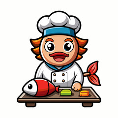 Cute Cartoon Fish Chef Making Sushi Rolls, Friendly Smiling Cartoon Character, Culinary Illustration, Japanese Cuisine, Vector Design for Kids and Food Lovers
