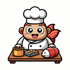 Cute Cartoon Fish Chef Making Sushi Rolls, Friendly Smiling Cartoon Character, Culinary Illustration, Japanese Cuisine, Vector Design for Kids and Food Lovers