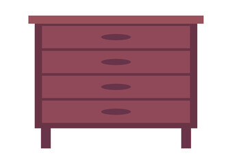 A purple wooden chest of drawers with four drawers. Furniture piece for home decor. Isolated dresser element.