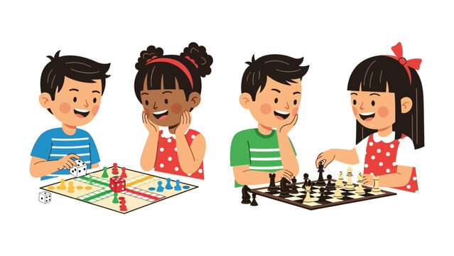 Joyful games: Two groups of children engrossed in engaging board games, ludo and chess, showcasing the fun of board games and the pleasure of friendly competition.