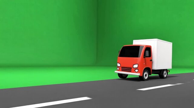 Animated Delivery Truck Driving on Green Screen.
Orange cartoon delivery truck moving forward on green screen background, animation for logistics and transportation themes.
