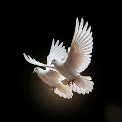 Two white doves in flight against a dark background