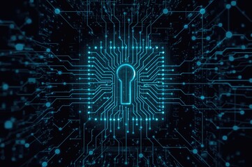 Digital artwork featuring a key symbol within a square, circuit lines, and interconnected nodes above data storage units. Concepts include cybersecurity, data transmission, server infrastructure, and