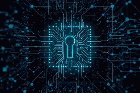 Digital artwork featuring a key symbol within a square, circuit lines, and interconnected nodes above data storage units. Concepts include cybersecurity, data transmission, server infrastructure, and - Powered by Adobe