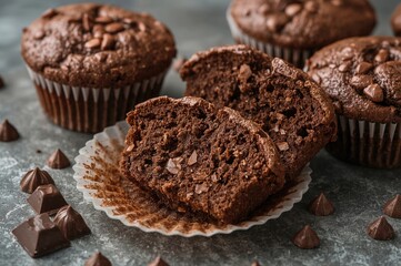 Fototapeta premium Slices of cocoa muffins featuring dark chocolate bits