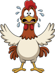 Cartoon chicken illustration, scared bird, funny animal, expressive character, vector art, wide eyes, open beak, stock image, panic, humor
