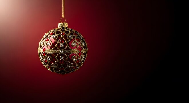 A shimmering red Christmas ornament hangs elegantly against a deep crimson backdrop, sparkling with golden filigree and tiny gemstones. Festive cheer abounds! - Powered by Adobe