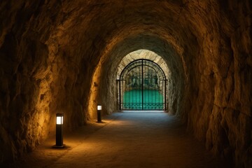Obraz premium Mountain cave tunnel guiding to a hydrogen sulfide lake, lit by floor lamps, finishing with a lattice wall