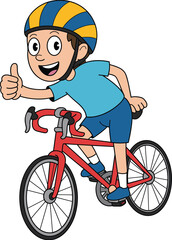 Fototapeta premium Cartoon cyclist, road bike rider, thumbs up gesture, active lifestyle, helmet safety, vector illustration, cycling character, outdoor sport, smiling person