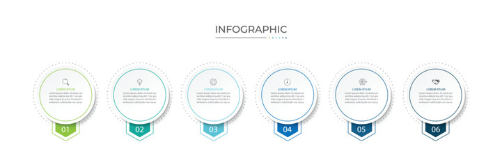 Infographic labels with icons and 6 options or steps. Suitable for process diagrams, presentations, workflow layouts, banners, flowcharts, and infographics.