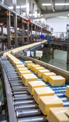 Factory Production Line with Blocks of Cheese on Conveyor Belt.