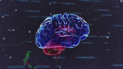 Animation of brain over graphs and icons on black background - Powered by Adobe