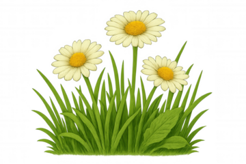 Illustration of three daisies growing in a patch of vibrant green grass, isolated on a transparent background