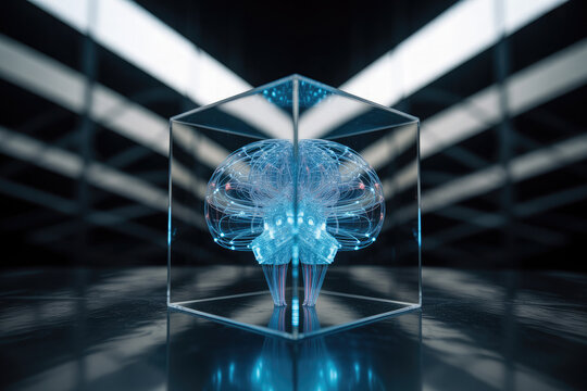 Futuristic glowing blue artificial intelligence brain encased in a transparent cube with dramatic lighting