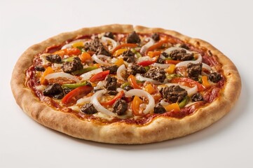 Traditional flatbread topped with ground beef and assorted vegetables, isolated on white background