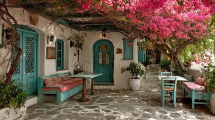 Charming, outdoor patio, whitewashed walls, teal doors, bougainvillea