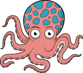 Cartoon octopus character, pink tentacles, blue spots, vector illustration, underwater animal, playful sea creature, marine life, cute design, ocean theme